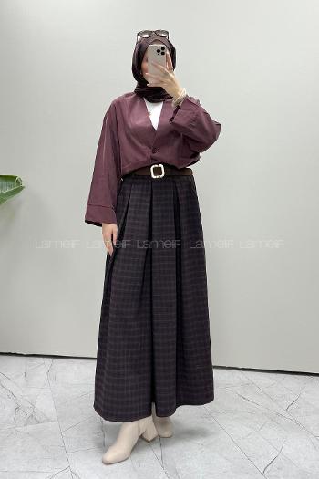 Lamelif Kemerli Ekoseli Etek-Pantolon Siyah-Bordo