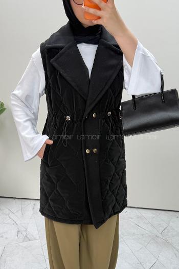 Lamelif Kruvaze Yaka Kapitone Yelek Siyah