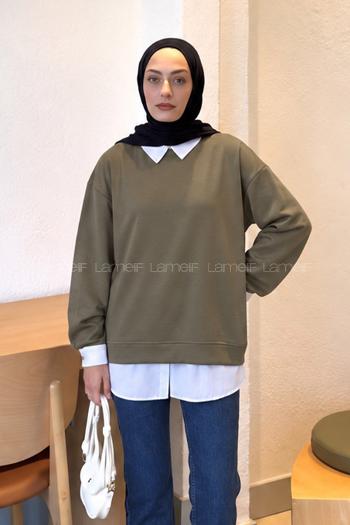 Lamelif Sweat Gömlek Garnili Tunik Haki