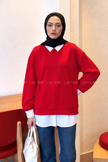 Lamelif Sweat Gömlek Garnili Tunik Kırmızı