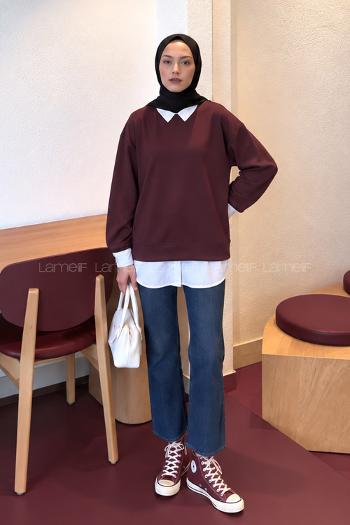 Lamelif Sweat Gömlek Garnili Tunik Mürdüm