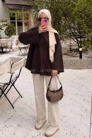 Lamelif Bisiklet Yaka Basic Bluz Acı Kahve