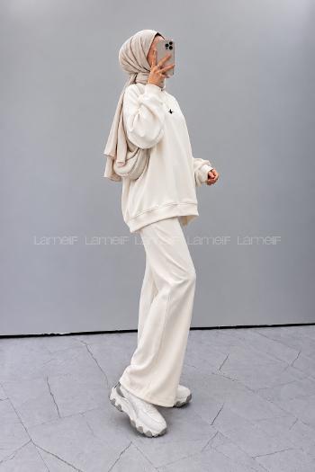 Lamelif Basic Kuş Detaylı Oversize Sweatshirt Beyaz