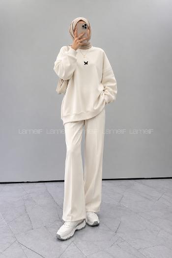 Lamelif Basic Kuş Detaylı Oversize Sweatshirt Beyaz