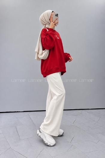 Lamelif Basic Kuş Detaylı Oversize Sweatshirt Kırmızı