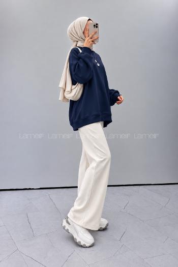 Lamelif Basic Kuş Detaylı Oversize Sweatshirt Lacivert
