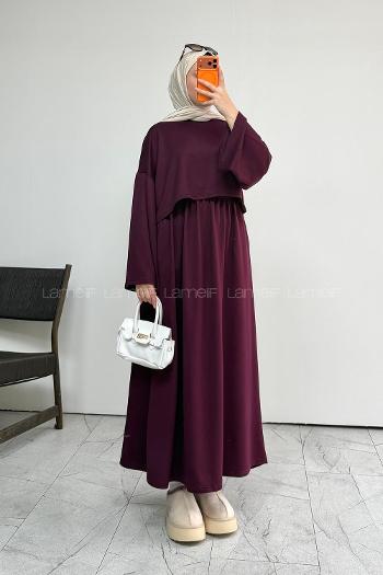 Lamelif Bisiklet Yaka Etekli İkili Takım Mürdüm