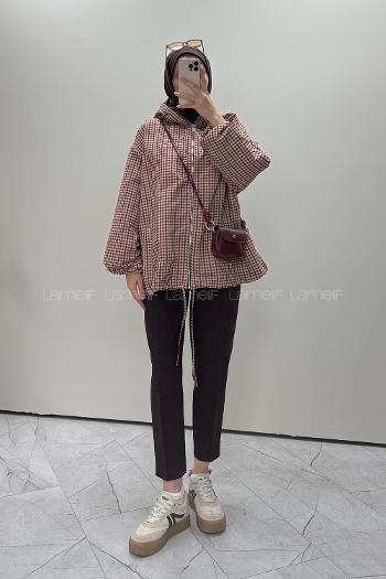 Lamelif Ekose Desen Kapüşonlu Ceket Bordo