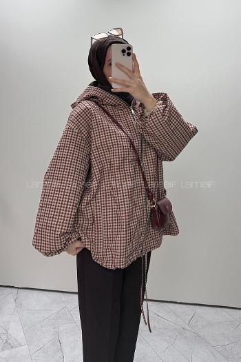 Lamelif Ekose Desen Kapüşonlu Ceket Bordo