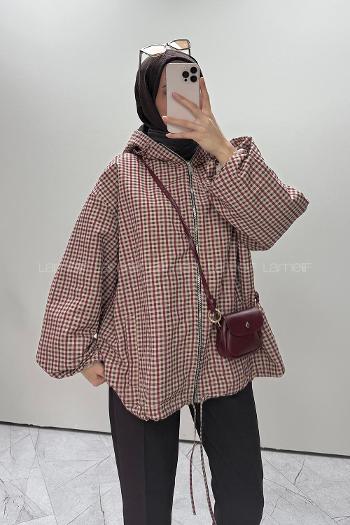 Lamelif Ekose Desen Kapüşonlu Ceket Bordo