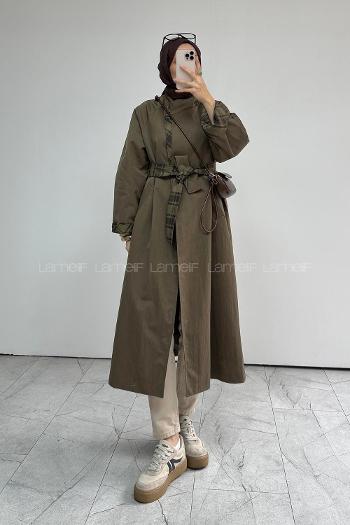 Khaki Long Arm Buttoned Cotton Fabric Naylon Trench Coat
