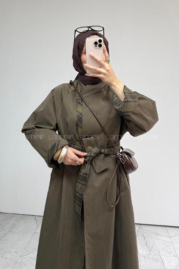 Khaki Long Arm Buttoned Cotton Fabric Naylon Trench Coat