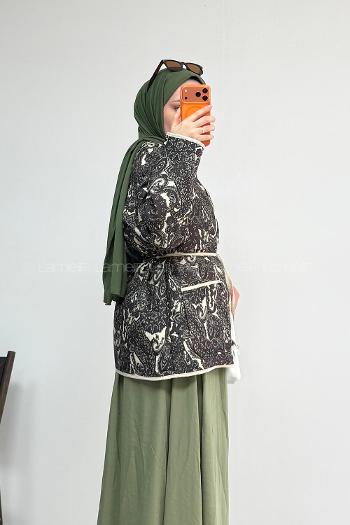 Lamelif Etnik Desen Çıt Çıtlı Ceket Acı Kahve
