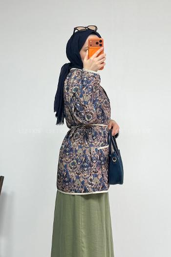 Lamelif Etnik Desen Çıt Çıtlı Ceket İndigo