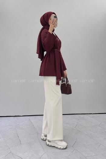 Lamelif Kruvaze Kemerli Yün Karışımlı Triko Hırka Mürdüm