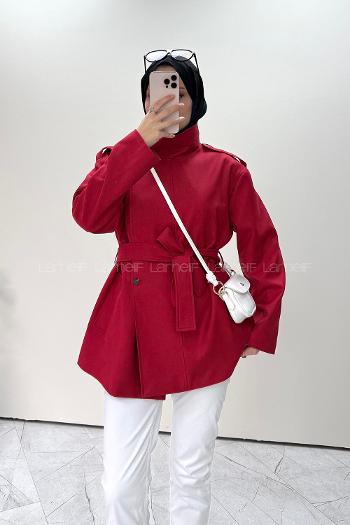 Lamelif Monaco Dik Yaka Trenç Kırmızı