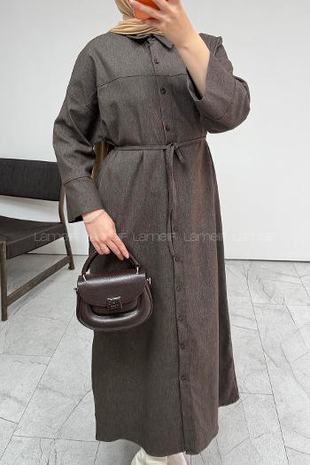 Brown Crew Neck Unprinted Dresess