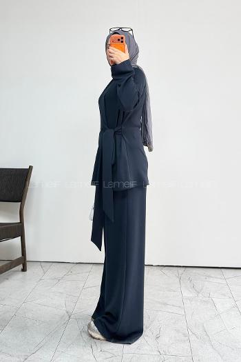 Navy Blue Neckband Long Arm Without Accessories Regular Trousers Suit