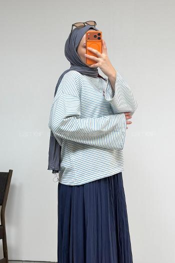 Lamelif Yazı Nakışlı Çizgili Pinterest Sweatshirt Mavi