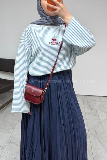 Lamelif Yazı Nakışlı Çizgili Pinterest Sweatshirt Mavi