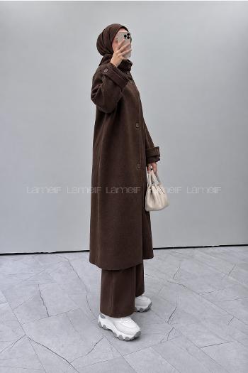 Bitter Brown Neckband Long Arm Stamp Fabric Coat