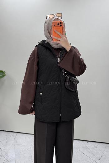 Black Hood Neck Sleeveless Arm With Zipper Unprinted Vest
