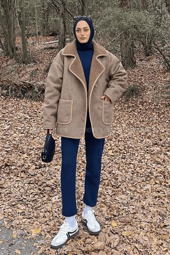 Lamelif Ön Cep Detaylı Süet Mont Camel