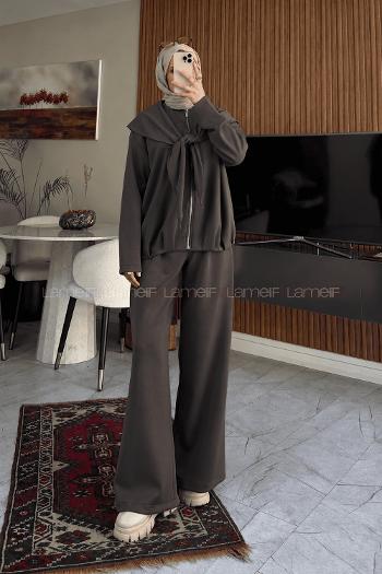 Lamelif Şal Detaylı Örme İkili Takım Acı Kahve
