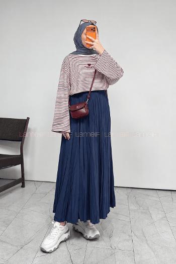 Lamelif Yazı Nakışlı Çizgili Pinterest Sweatshirt Bordo