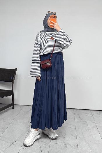 Lamelif Yazı Nakışlı Çizgili Pinterest Sweatshirt Lacivert