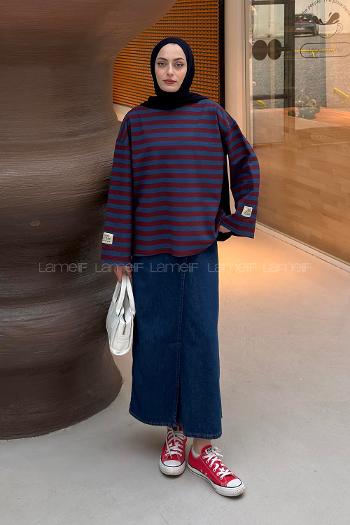 Lamelif Arma Detaylı Çizgili Basic Sweat Mavi Bordo