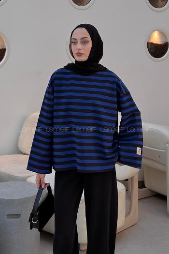Lamelif Arma Detaylı Çizgili Basic Sweat Mor Siyah