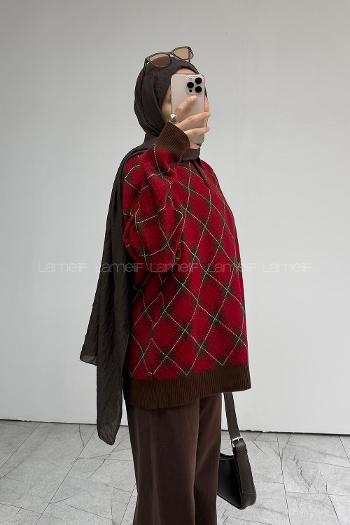 Lamelif Ekose Desen Triko Kazak Kahverengi