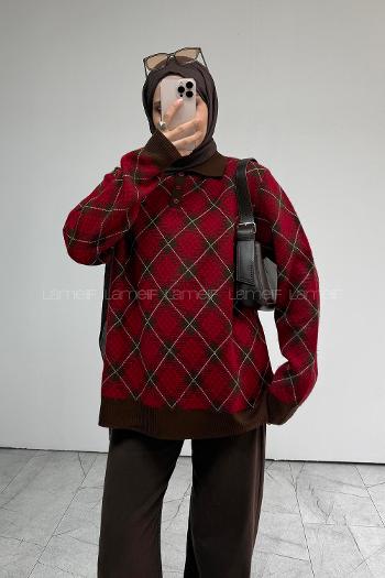 Lamelif Ekose Desen Triko Kazak Kahverengi