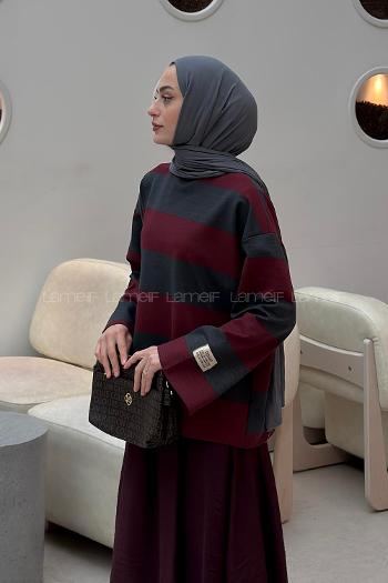 Claret Red Crew Neck Long Arm Printed Sweatshirt