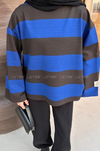 Lamelif Kol Armalı Sweatshirt Mavi-Kahverengi