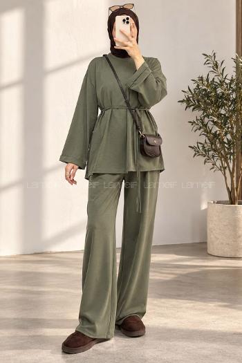Khaki Crew Neck Long Arm Belted Regular Trousers Suit