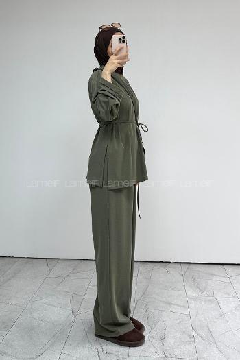 Khaki Crew Neck Long Arm Belted Regular Trousers Suit