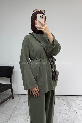 Khaki Crew Neck Long Arm Belted Regular Trousers Suit