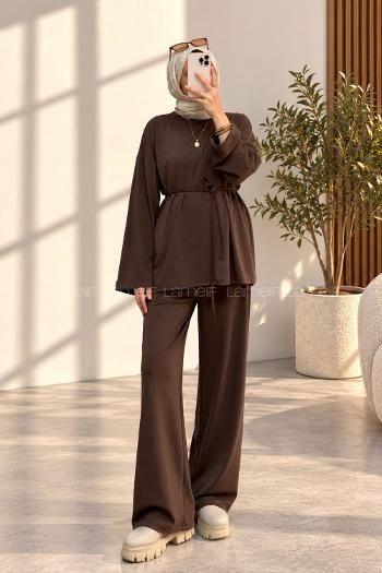 Brown Crew Neck Long Arm Belted Regular Trousers Suit