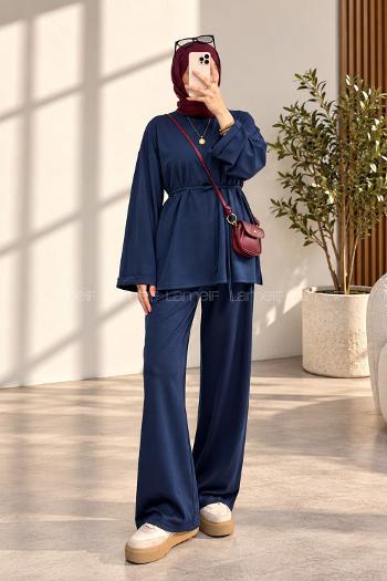 Navy Blue Crew Neck Long Arm Belted Regular Trousers Suit