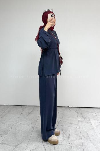 Navy Blue Crew Neck Long Arm Belted Regular Trousers Suit
