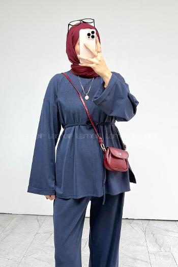 Navy Blue Crew Neck Long Arm Belted Regular Trousers Suit