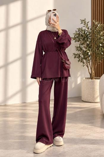 Plum Crew Neck Long Arm Belted Regular Trousers Suit
