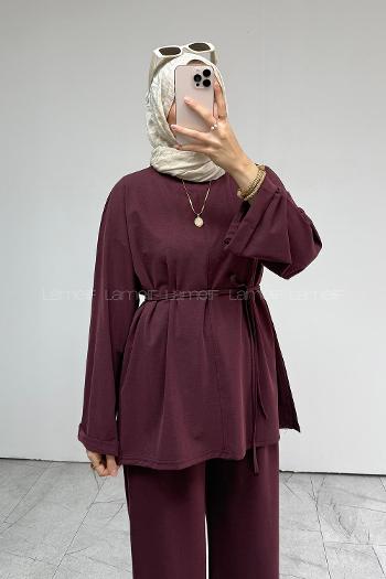 Plum Crew Neck Long Arm Belted Regular Trousers Suit
