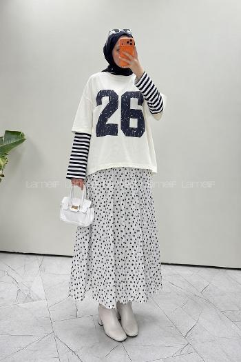 Lamelif Kolları Çizgili Ön Arka Baskı Detaylı Sweatshirt Beyaz