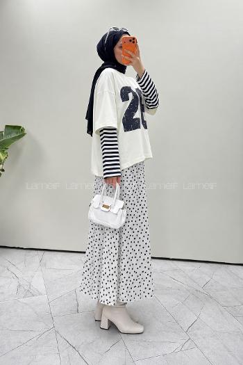Lamelif Kolları Çizgili Ön Arka Baskı Detaylı Sweatshirt Beyaz