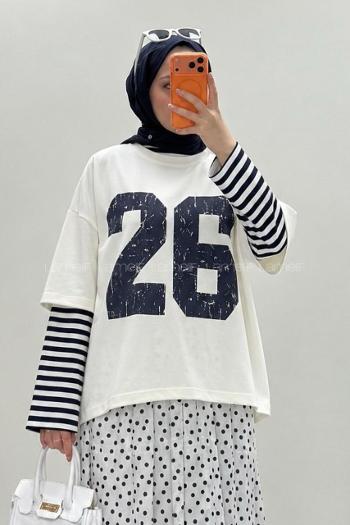 Lamelif Kolları Çizgili Ön Arka Baskı Detaylı Sweatshirt Beyaz