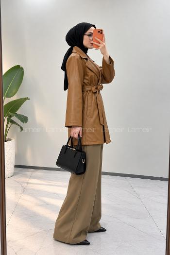 Brown Long Arm Belted Buttoned Skin Trench Coat