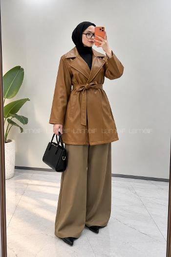 Brown Long Arm Belted Buttoned Skin Trench Coat